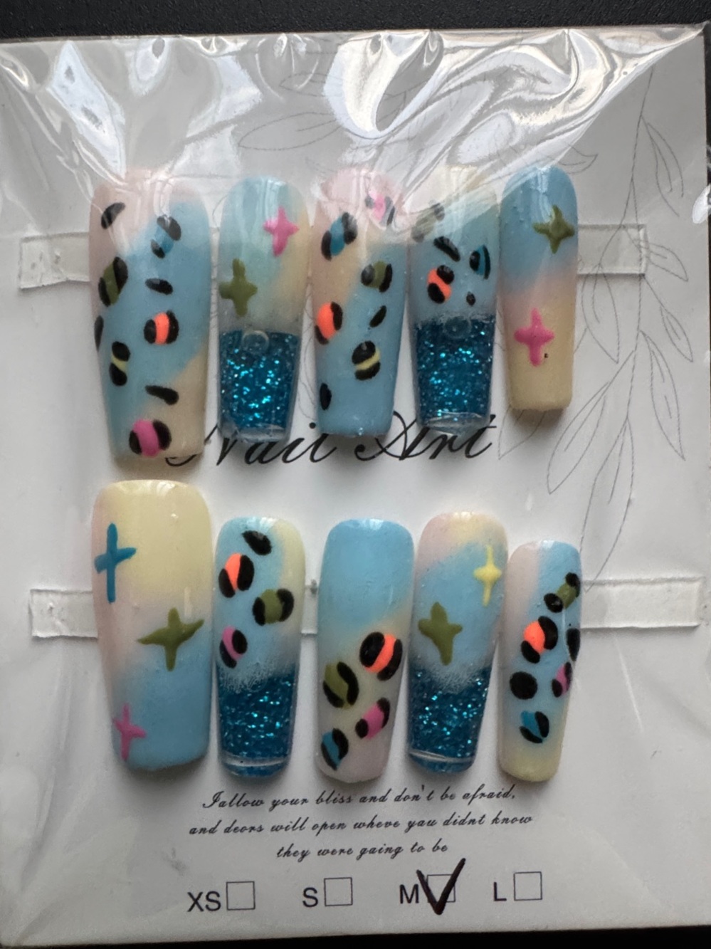 Hand-Painted Blue & Pastel Leopard Glitter Water Press-On Nails